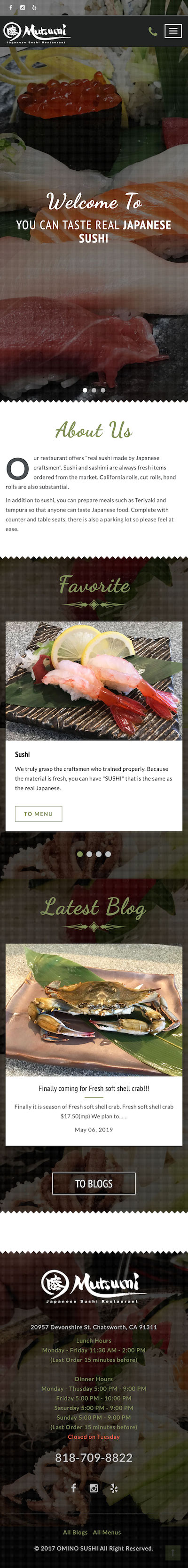 Mutsumi Sushi Californiaのスマートフォンデザイン